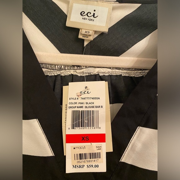 Eci Black and White Striped Blouse with Pink Flowers - Picture 3 of 3